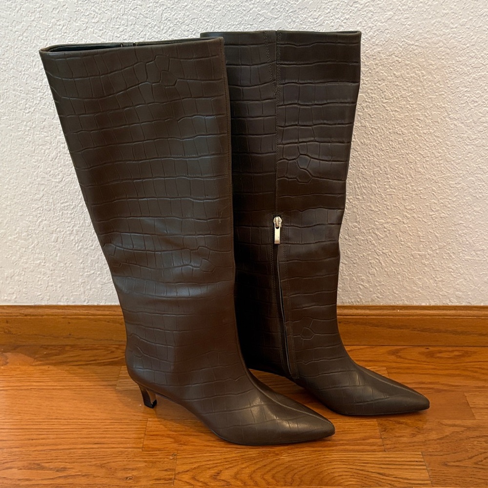 Nordstrom Green Brown Croc-Embossed Heeled Boots